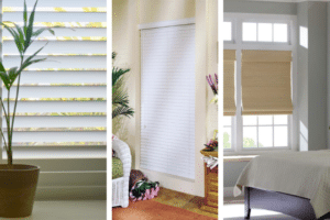 Three images side by side. From left to right: plantation shutters, white window blinds, woven wood shades.