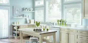 Blinds surrounding a sink in a kitchen.