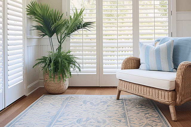 Image of white shutter shades inside the living room of a beautiful Horry County home.